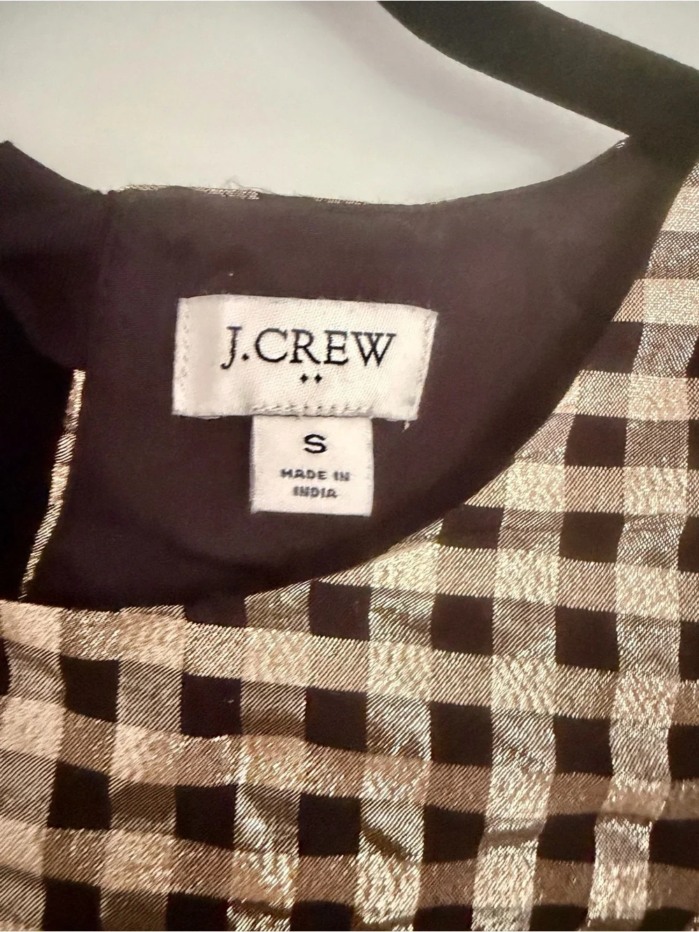 J Crew Small Metallic Black & Gold Check Puff Sleeve Top